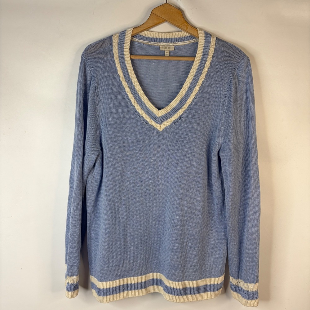 Talbots Sweater Womens XL Blue Linen V-Neck Preppy Varsity Striped Trim